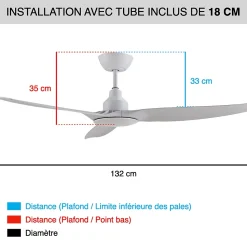 Fanelite - Ventilateur de plafond 132 cm blanc FANDC52LN - Moteur DC 18W - LED 20W dimmable 3 couleurs - 3 pales - Silencieux