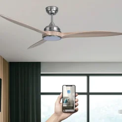 Fanelite - Ventilateur de plafond 164 cm gris et bois SALAZIE - Moteur DC 38W - LED 20W dimmable 3 couleurs - Wifi&Contrôle vocaux