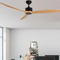 Fanelite - Ventilateur de plafond 164 cm noir et bois LIFOU - Moteur DC 35W - Télécommande - Wifi - Très silencieux