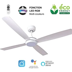 Fanelite - Ventilateur de plafond 132 cm blanc QAMEA - Moteur DC 30W - LED 20W dimmable 3 couleurs + RGB - Wifi - Silencieux