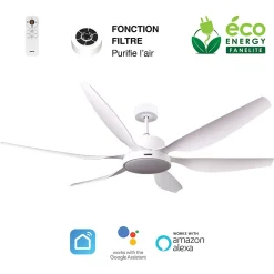 Fanelite - Ventilateur de plafond 168 cm blanc RANGIROA - Moteur DC 55W - LED 22W 3 couleurs - Silence + PURIFICATEUR D'AIR INCLUS