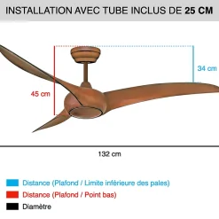 Fanelite - Ventilateur de plafond 132 cm imitation bois TOBAGO - Moteur DC 38W - Télécommande - Wifi - Très silencieux