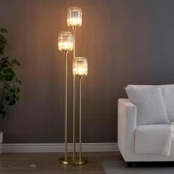 Grand lampadaire triple doré verres ambrés - Rosalia