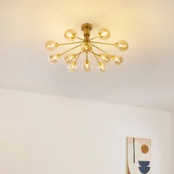 Grand lustre élégant laiton 12 boules ambrées - Audrey