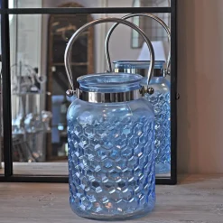 Grande lanterne verre bleu 29x18cm