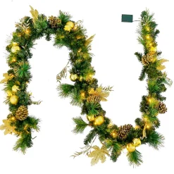 Guirlande de Noël Lumineuse Artificielle 270CM avec Lumières LED Blanc Chaud, Baies, Boules, Fleurs et Pommes de Pin Dorées (Doré)