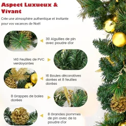 Guirlande de Noël Lumineuse Artificielle 270CM avec Lumières LED Blanc Chaud, Baies, Boules, Fleurs et Pommes de Pin Dorées (Doré)