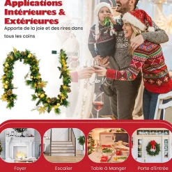 Guirlande de Noël Lumineuse Artificielle 270CM avec Lumières LED Blanc Chaud, Baies, Boules, Fleurs et Pommes de Pin Dorées (Doré)
