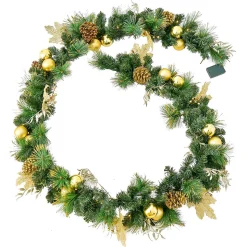 Guirlande de Noël Lumineuse Artificielle 270CM avec Lumières LED Blanc Chaud, Baies, Boules, Fleurs et Pommes de Pin Dorées (Doré)