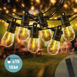 Guirlande Guinguette IP65 LED 15M 15 Bulbes Filament Allongé Dimmables Avec Télécommande