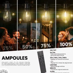 Guirlande Guinguette IP65 LED 30M 30 Bulbes Filament Allongé Dimmables Avec Télécommande