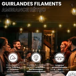 Guirlande Guinguette IP65 LED 30M 30 Bulbes Filament Allongé Dimmables Avec Télécommande