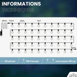 Guirlande guinguette LED 30M 50 Bulbes Rond Blanc Chaud Dimmable