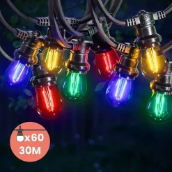 Guirlande Guinguette 30M Filament Multicolore LED 60 Bulbes