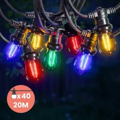 Guirlande Guinguette 20M Filament Multicolore LED 40 Bulbes