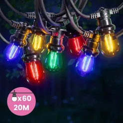 Guirlande Guinguette 20M Filament Multicolore LED 60 Bulbes