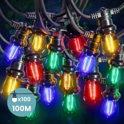 Guirlande Guinguette 100M Filament Multicolore LED 100 Bulbes
