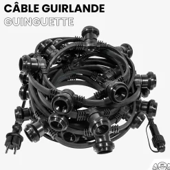 Guirlande Guinguette Noire IP65 20M 60 Douilles pour Ampoules E27