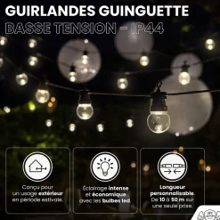 Guirlande Guinguette Solaire 10M Transparente + 3M de Rallonge