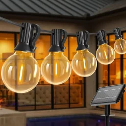 Guirlande Lumineuse Exterieur Solaire, 100FT Guirlandes Lumineuses52 LED Ampoules Blanc Chaud, IP45, Jardin Classe énergétique G