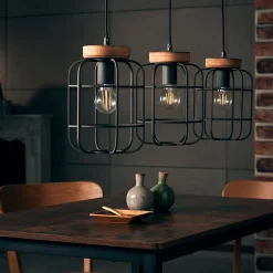 GWEN Suspension 3L bois patiné/noir mat, métal/bois, E27 40W ampoule non incluse