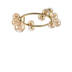 Ideal Lux PERLAGE Plafonnier globe à 10 lumières en laiton, abat-jour en verre ambré