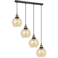 Italux Cardena - Suspension Industrielle Et Rétro Noir, Or 4 Lumières avec Abat-Jour Ambré, E27 Dimmable