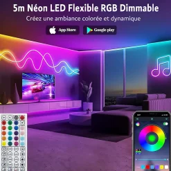 Kit de Néon flexible LED RGB 5m, DC 12V, APP/Télécommande, Plusieurs modes, IP65 étanche
