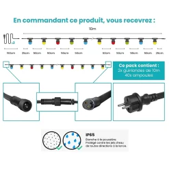 Kit Guirlande Guinguette IP65 20M 40 Bulbes Multicolores
