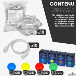 Kit Guirlande Guinguette 100m IP 65 Cable Blanc Multicolore