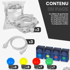 Kit Guirlande Guinguette 30m IP 65 Multicolore Cable Blanc