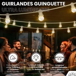 Kit Guirlande Guinguette 100m IP 65 Cable Blanc Bulbes Blancs