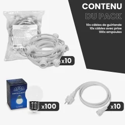 Kit Guirlande Guinguette 100m IP 65 Cable Blanc Bulbes Blancs