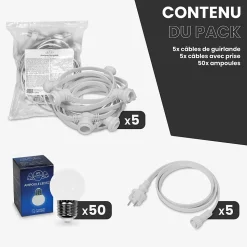 Kit Guirlande Guinguette 50m IP65 Câble Blanc Bulbes Blancs