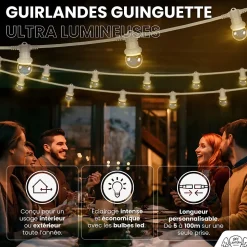 Kit Guirlande Guinguette 40m IP 65 Cable Blanc Bulbes Transparents Dimmables