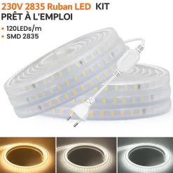Kit Ruban LED 220v 10M blanc froid 6000K étanche IP65 avec fixations fournies, intérieur et extérieur