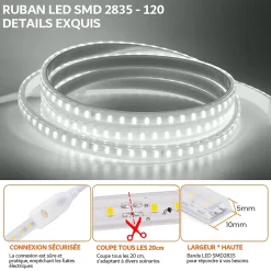 Kit Ruban LED 220v 10M blanc froid 6000K étanche IP65 avec fixations fournies, intérieur et extérieur