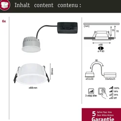 Kit Spot encastré LED Cole Coin Kit de 6 IP44 88mm Coin 6x6W 6x470lm 230V gradable 2700K Blanc dépoli