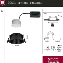 Kit Spot encastré LED Cole Coin Kit de 6 IP44 88mm Coin 6x6W 6x470lm 230V gradable 2700K Noir mat