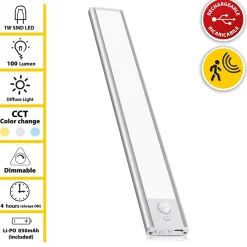 LACTEA : Lampe LED rechargeable sous meuble 20 cm, 100 lumens, avec CCT. Argent