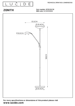 Lampadaire / lampe de lecture ZENITH en métal avec LED intégré - Noir - Lucide