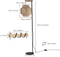 Lampadaire ANJA en bois et osier avec abat-jour en bambou interrupteur au pied et design moderne pour salon ou cuisine
