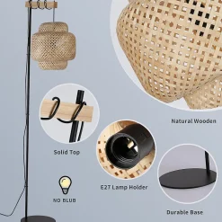 Lampadaire ANJA en bois et osier avec abat-jour en bambou interrupteur au pied et design moderne pour salon ou cuisine