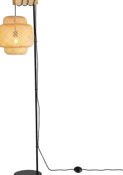 Lampadaire ANJA en bois et osier avec abat-jour en bambou interrupteur au pied et design moderne pour salon ou cuisine