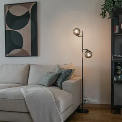 Lampadaire Art Déco noir avec verre fumé 2 lumières - Pallon