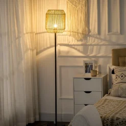 Lampadaire aspect cannage style cosy 40 W max. H.158 cm piètement mât métal noir abat-jour corde papier tressé main