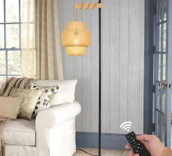 Lampadaire Bambou connecté à Intensité Variable, Télécommande & Ampoule, Classe énergétique D