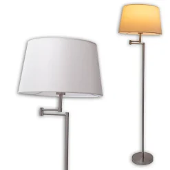 Lampadaire 'BOLOGNA' hauteur 158 cm en métal en nickel satiné, abat-jour textile beige, E27