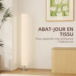 Lampadaire colonne sur pied design H.120 cm acier inox tissu blanc