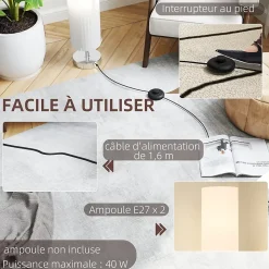 Lampadaire colonne sur pied design H.120 cm acier inox tissu blanc